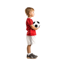 Little boy in football clothes standing with ball under arm side view isolate on transparency background png