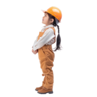 Smiling little girl wearing hard hat engineer uniform standing side view isolate on transparency background png