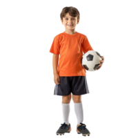Little boy in football clothes standing with ball under arm front view isolate on transparency background png