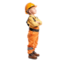 Smiling little boy wearing hard hat construction worker uniform standing side view isolate on transparency background png