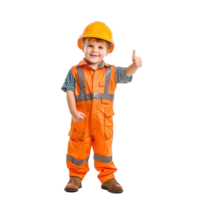 Smiling little boy wearing hard hat construction worker uniform standing with hand gesture giving thumb up front view isolate on transparency background png