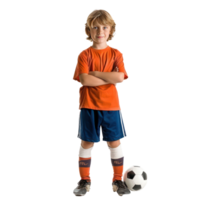 Little boy in football clothes standing with ball under arm front view isolate on transparency background png