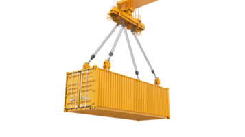 3D cargo container hanging from crane isolate on transparency background png