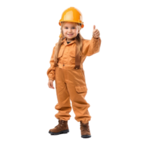 Smiling little girl wearing hard hat construction worker uniform standing with hand gesture giving thumb up side view isolate on transparency background png