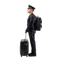 Airplane pilot in black uniform standing with travel suitcase side view isolate on transparency background png