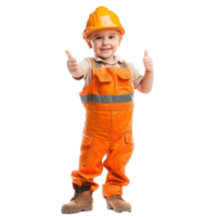 A young boy in an orange construction outfit giving the thumbs up png