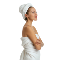 Smiling beautiful young woman in white towel standing pose after bath side view isolate on transparency background png