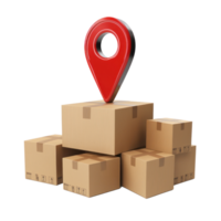 3D red Pin location with cardboard boxes front view isolate on transparency background png