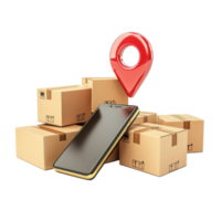 3d cardboard boxes and smartphone with red pin location isolate on transparency background png