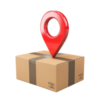 3D red Pin location with cardboard boxes front view isolate on transparency background png