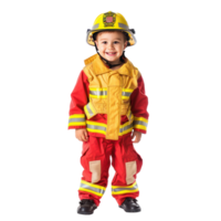 Smiling little boy wearing firefighter uniform standing front view isolate on transparency background png