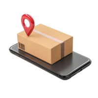 3d cardboard box on smartphone screen with red pin location side view isolate on transparency background png
