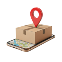 3d cardboard box on smartphone screen with red pin location front view isolate on transparency background png