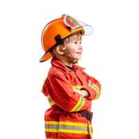 Smiling little boy wearing firefighter uniform standing side view isolate on transparency background png
