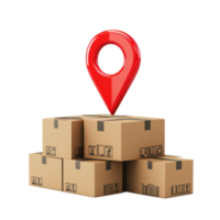 3D red Pin location with cardboard boxes front view isolate on transparency background png