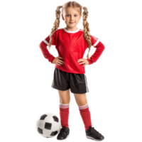 Little girl in football clothes standing with ball under arm isolate on transparency background png