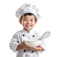 Smiling little boy wearing chef uniform holding a bowl and whisk isolate on transparency background png