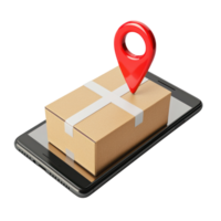 3d cardboard box on smartphone screen with red pin location top view isolate on transparency background png