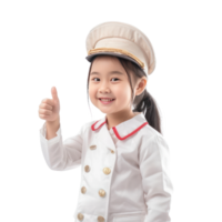 Smiling little girl wearing hostess uniform with hand gesture giving thumb up side view isolate on transparency background png