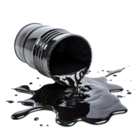 Black oil or petroleum spilled leaking from a black barrel, environmental pollution concept side view isolate on transparency background png