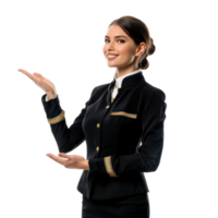 Smiling air hostess woman holding empty hand presenting something side view isolate on transparency background png