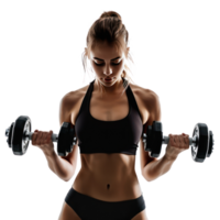 Woman working with dumbbells front view isolate on transparency background png