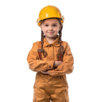 Smiling little girl wearing hard hat construction worker uniform standing front view isolate on transparency background png