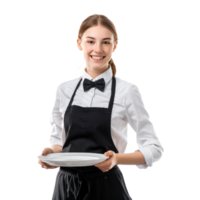 Smiling young waitress in uniform with trey in hand isolate on transparency background png