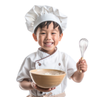 Smiling little boy wearing chef uniform holding a bowl and whisk front view isolate on transparency background png