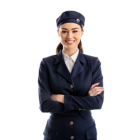 Smiling female flight attendant standing front view isolate on transparency background png
