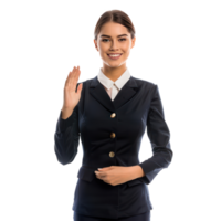 Smiling air hostess woman standing with hand greeting gesture front view isolate on transparency background png