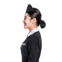 Friendly smile female flight attendant standing side view isolate on transparency background png