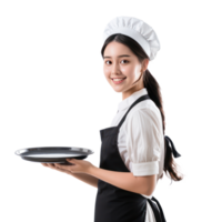 Smiling young attractive female in maid custome with hand holding empty tray side view isolate on transparency background png