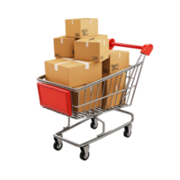 3D shopping cart with cardboard boxes isolate on transparency background png