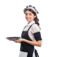 Smiling young attractive female in maid custome with hand holding tray side view isolate on transparency background png