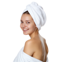 Smiling beautiful young woman in white towel after bath side view isolate on transparency background png