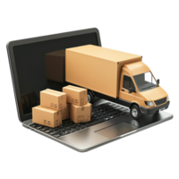 3D laptop with Van and cardboard boxes, logistic concept front view isolate on transparency background png