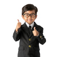 Smiling little boy wearing lawyer uniform standing with hand gesture giving thumb up front view isolate on transparency background png