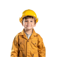 Smiling little boy wearing hard hat engineer uniform standing front view isolate on transparency background png