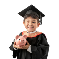 Smiling little boy wearing graduation gown uniform standing with hand holding piggy bank side view isolate on transparency background png
