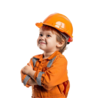 Smiling little boy wearing hard hat engineer uniform standing side view isolate on transparency background png