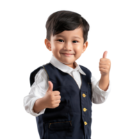 Smiling little boy wearing layer uniform standing with hand gesture giving thumb up side view isolate on transparency background png