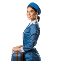 Smiling female flight attendant standing with travel suitcase side view isolate on transparency background png