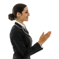 Smiling air hostess woman greeting with respect palm joint gesture side view isolate on transparency background png