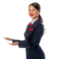 Smiling air hostess woman holding empty hand presenting something side view isolate on transparency background png