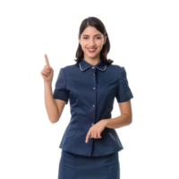 Smiling air hostess woman with hand pointing at something front view isolate on transparency background png
