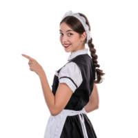 Smiling young attractive female in maid custome with hand gesture pointing something side view isolate on transparency background png