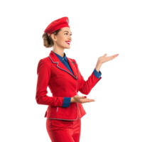 Smiling air hostess woman on presenting something side view isolate on transparency background png