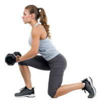 Woman crouching with dumbbells in workout pose side view isolate on transparency background png