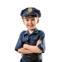 Smiling little boy wearing police uniform standing front view isolate on transparency background png